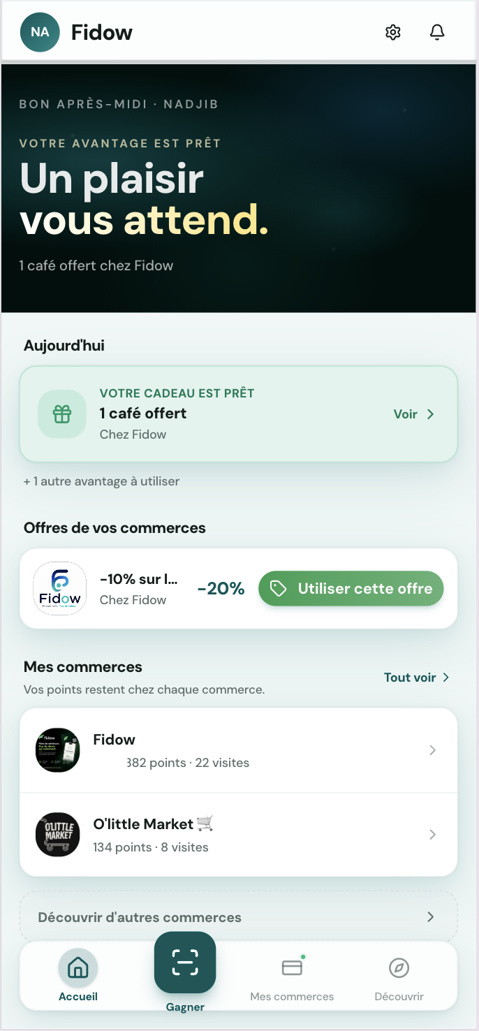 Accueil Fidow avec une récompense prête, une offre commerçant et les commerces suivis