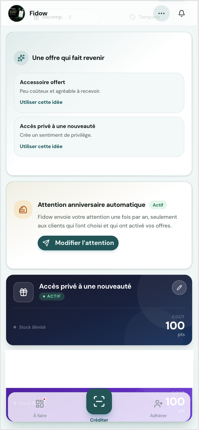 Écran commerçant Fidow avec idées d’offres, anniversaire automatique et récompenses actives